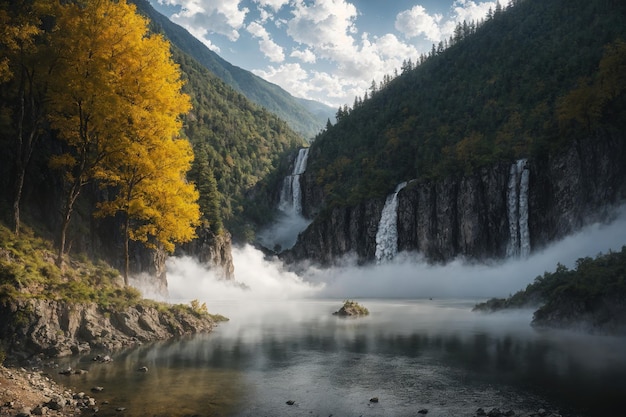 Belle vue sur la forêt et la rivière avec coucher de soleil et brume légère