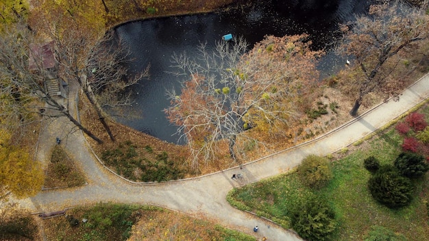 Belle vue sur les gens qui marchent sur les chemins au sol près du lac dans le parc avec des arbres avec fal jaune rouge vert