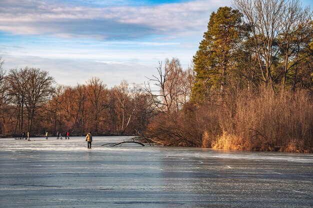 belle vue d'hiver sur un lac à Ingolstdt en Allemagne canards et cygnes gelés sur un lac d'hiver