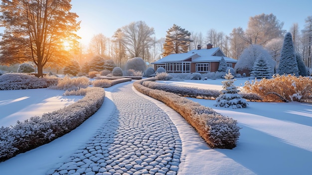 Une belle vue sur le jardin d'hiver ou de fin d'automne avec des conifères et des arbustes couverts de neige