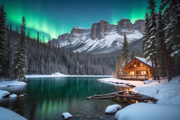 Belle vue sur le lac d'émeraude avec un lodge en bois brillant et des chutes de neige dans la forêt de pins