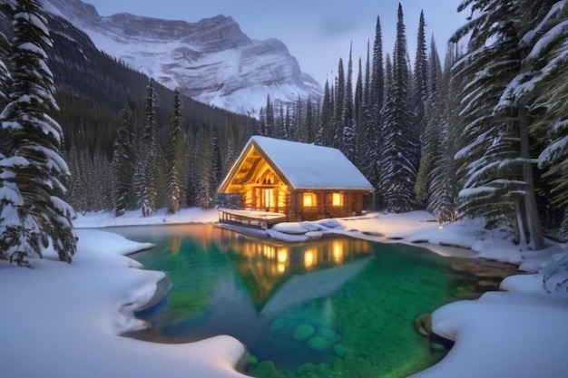 Belle vue sur le lac d'émeraude avec un lodge en bois brillant et des chutes de neige dans la forêt de pins