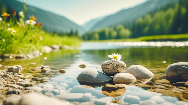 Belle vue sur un lac de montagne avec pierres et marguerites Détente par le concept nature