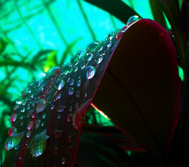 Belle vue latérale étroite de rosée sur les feuilles rouges