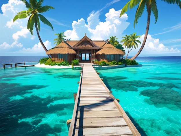 Belle vue sur les Maldives Resort Une île tropicale avec un ciel bleu clair, de l'eau et des cocotiers
