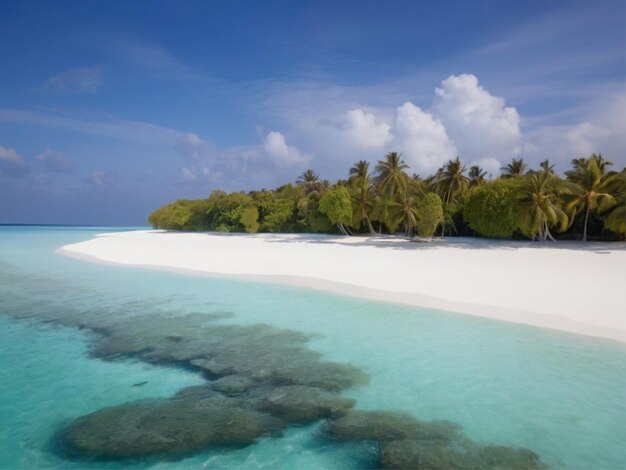 Belle vue sur les Maldives Resort Une île tropicale avec un ciel bleu clair, de l'eau et des cocotiers