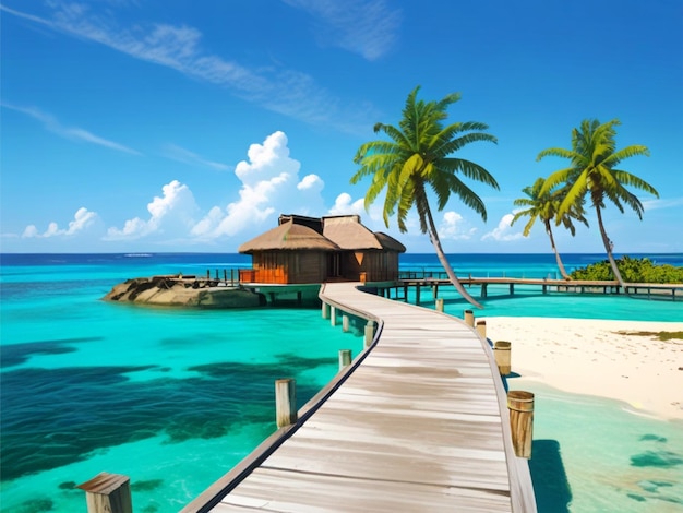 Belle vue sur les Maldives Resort Une île tropicale avec un ciel bleu clair, de l'eau et des cocotiers
