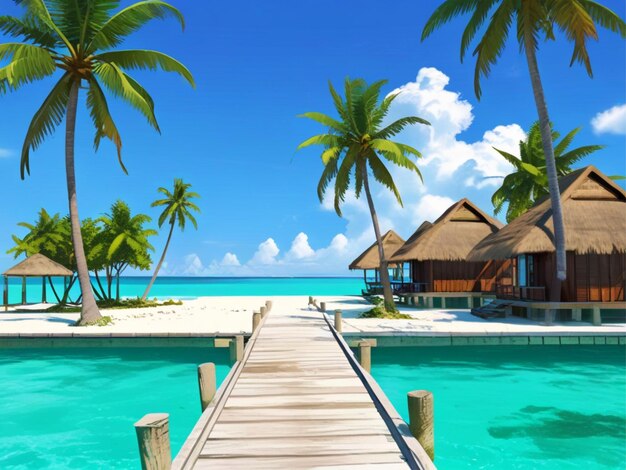 Belle vue sur les Maldives Resort Une île tropicale avec un ciel bleu clair, de l'eau et des cocotiers