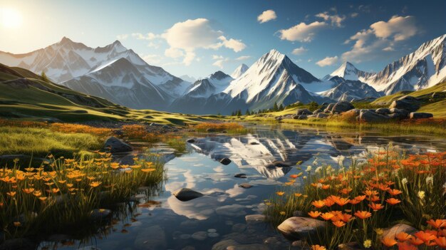 Belle vue sur les montagnes enneigées avec une rivière rocheuse Un beau lever de soleil éclaire la vallée de la montagne avec des champs de savane