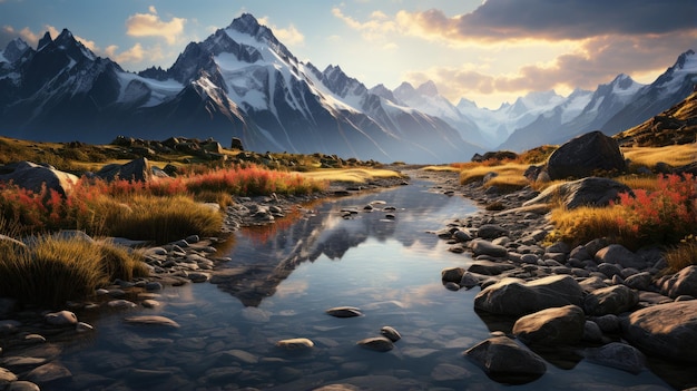 Belle vue sur les montagnes enneigées avec une rivière rocheuse Un beau lever de soleil éclaire la vallée de la montagne avec des champs de savane