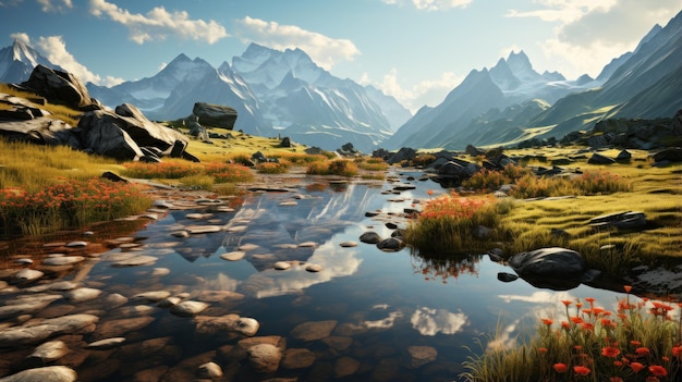 Belle vue sur les montagnes enneigées avec une rivière rocheuse Un beau lever de soleil éclaire la vallée de la montagne avec des champs de savane