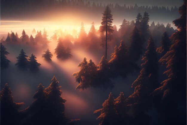 Une belle vue sur les montagnes et la forêt avec ciel coucher de soleil AI