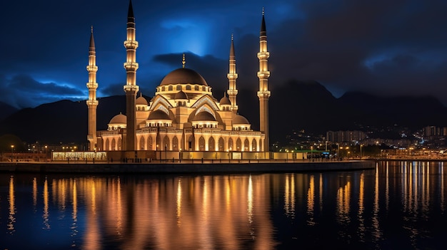 belle vue de la mosquée la nuit avec de belles lumières