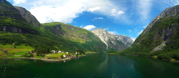 Belle vue sur la nature avec une forêt verte dans les montagnes, avec des maisons de village à l'eau du canal de mer de Norvège sur fond de ciel bleu