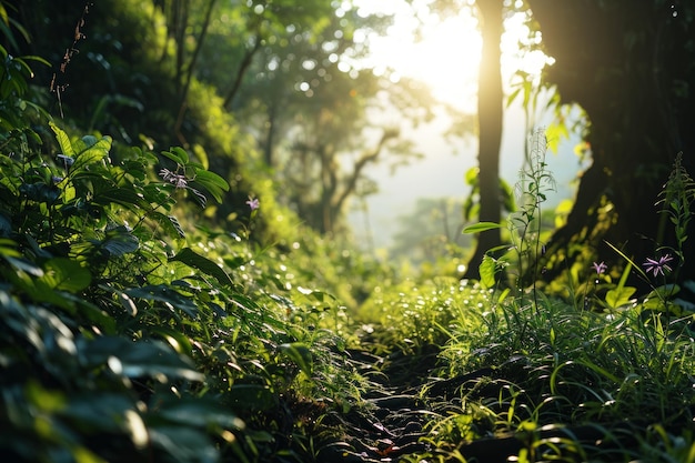 Belle vue sur la nature de la forêt verte avec la lumière du soleil le matin