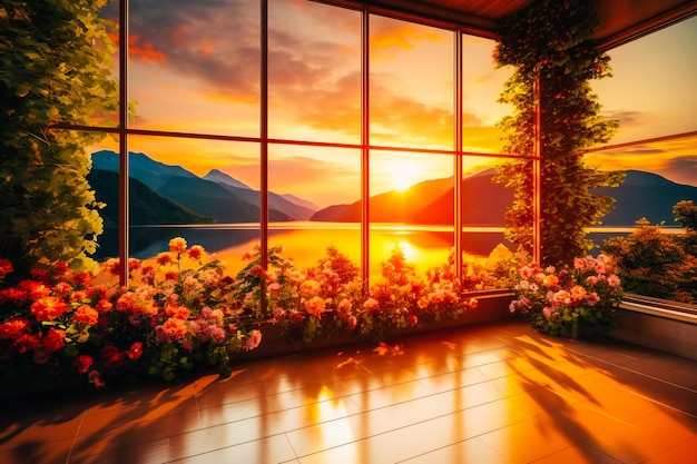 Belle vue sur la nature à travers de grandes fenêtres et montagnes vertes du lac