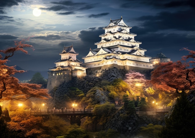Une belle vue nocturne du château historique de Himeji