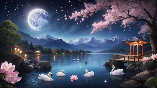 Belle vue de nuit de Sakura Cherry Blossom avec une fille sexy de montagne et une rivière la nuit