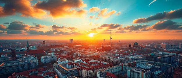 Photo belle vue panoramique du coucher de soleil sur la ville de berlin