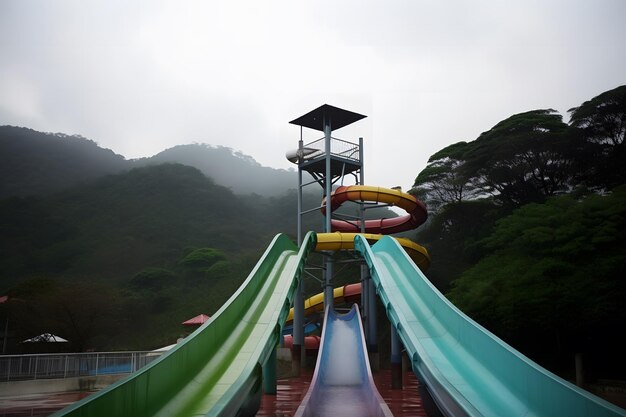 Belle vue sur le parc aquatique avec des toboggans colorés et une piscine par une journée ensoleillée Art généré par l'IA du réseau neuronal