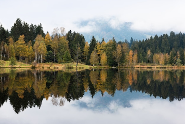 Belle vue sur un paysage d'automne coloré idyllique avec reflétant dans le lac de montagne alpin un jour brumeux. Autriche, Kitzbühel.