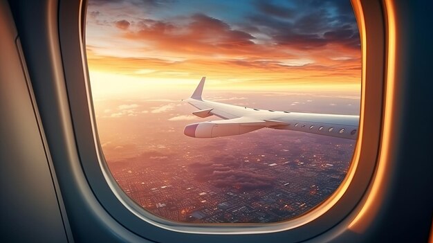 Belle vue sur le paysage à travers la fenêtre de l'avion Vue imprenable sur la ville et le coucher du soleil sans nuages