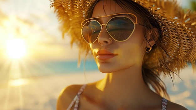 Photo belle vue rapprochée d'une femme sur la plage d'été à la lumière de l'heure dorée