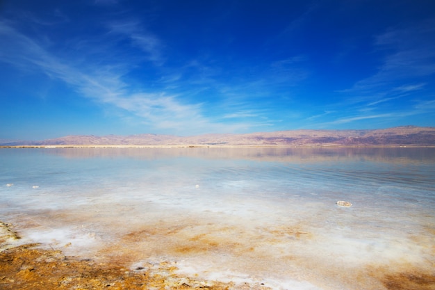 Belle vue sur le rivage salé de la mer Morte aux eaux claires. Ein Bokek, Israël.