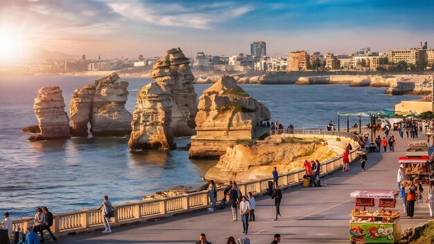 Photo belle vue sur les rochers des pigeons sur la promenade dans le centre de beyrouth au liban