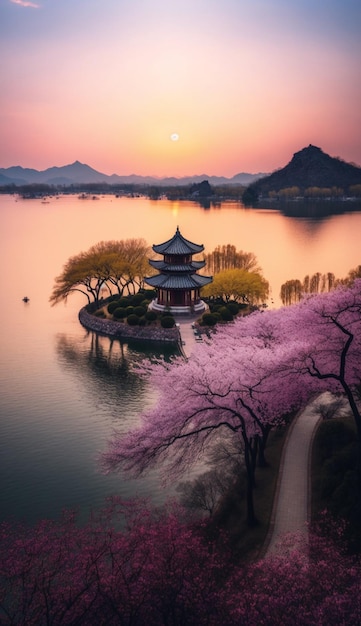 Une belle vue sur un temple au milieu d'un lac avec un ciel rose et le soleil se couche.