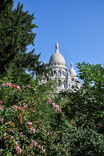 Belle vue sur le temple de Montmartre avec des arbres verts et des fleurs roses lors d'une journée d'été ensoleillée Paris France