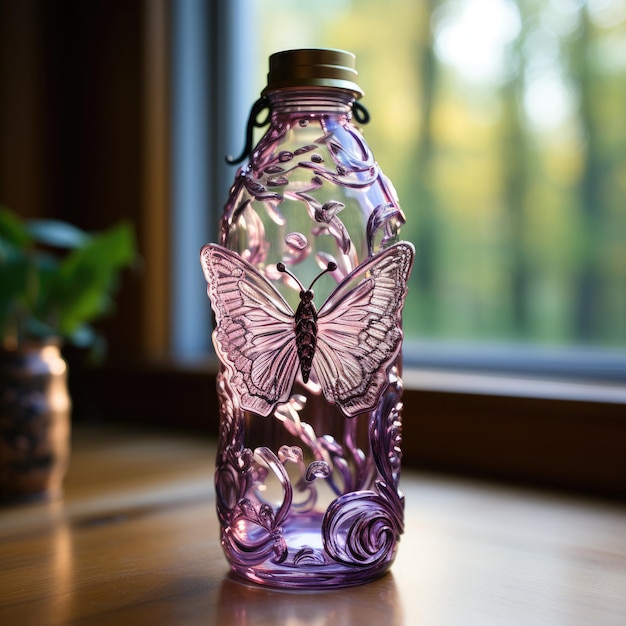 De belles ailes de papillon violet forment un détail de bouteille en plastique de verre