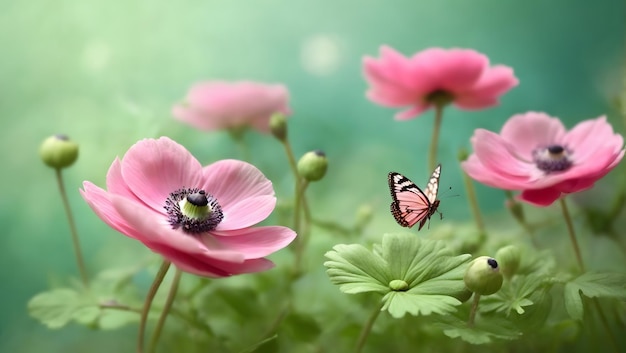 Belles anémones de fleurs roses matin de printemps frais sur la nature et papillon flottant sur vert tendre