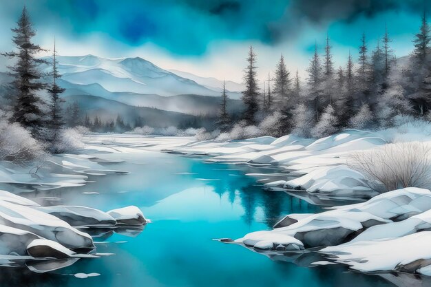 Belles aquarelles d'un lac d'hiver entre hautes montagnes Paysage d'hiver dans un style rétro