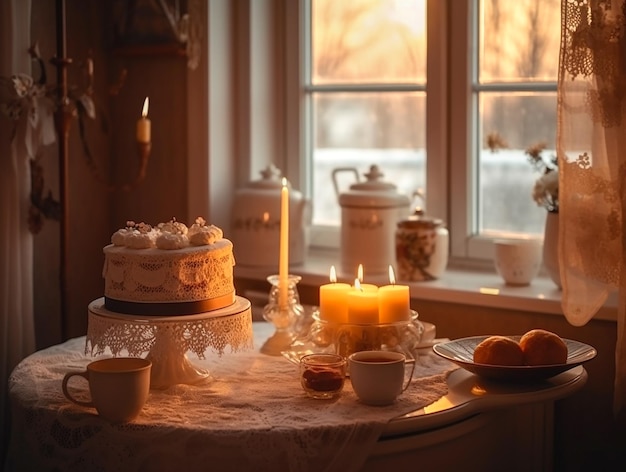Belles bougies à gâteau et service à thé sur la table près de la fenêtre au coucher du soleil