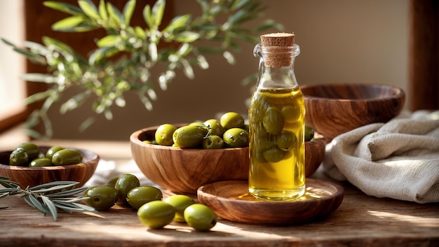 De belles bouteilles en verre avec de l'huile d'olives fraîches sur le fond de la cuisine