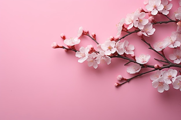 De belles branches en fleurs sur un fond coloré vue supérieure Espace pour le texte fleur de cerisier sur un fond rose généré par l'IA