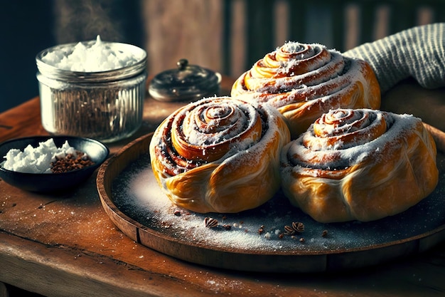 Belles brioches à la cannelle maison avec garniture saupoudrées de sucre en poudre