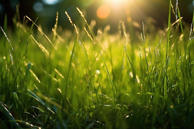 Belles camomilles en fleurs dans un pré vert au coucher du soleil effet bokeh