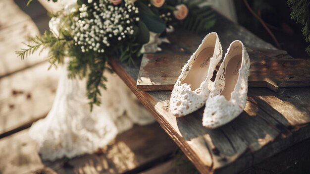 belles chaussures blanches sur flèche en bois avec signe de texte de mariage Generative Ai