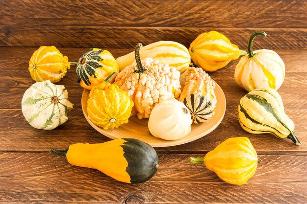 Belles citrouilles décoratives sur un plateau et une table en bois. nature morte d'automne.