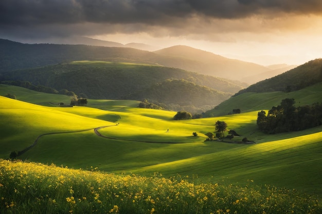 de belles collines vertes avec le lever du soleil de belles colines verts avec le levant du soleil des prairies vertes au lever du soleil