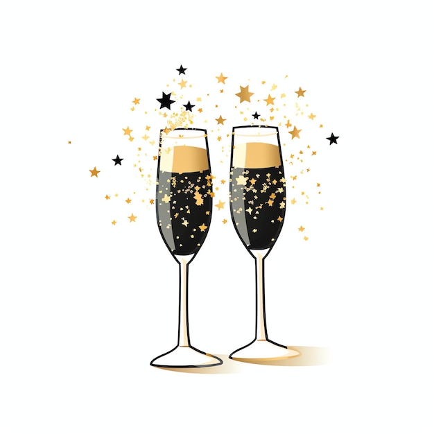 belles coupes de champagne grillées avec des étoiles aquarelle pour la célébration du nouvel an clipart