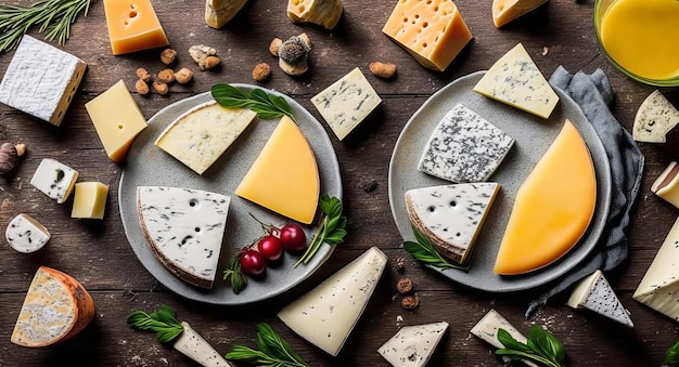 Belles coupes de différents types de fromage sur une belle assiette générée par l'IA