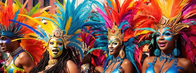 De belles danseuses de carnaval de la samba brésilienne portant des costumes de plumes colorées défilent dans la rue de la ville