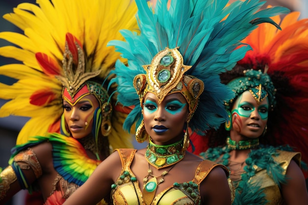 De belles danseuses de carnaval de la samba brésilienne portant des costumes de plumes colorées défilent dans la rue de la ville