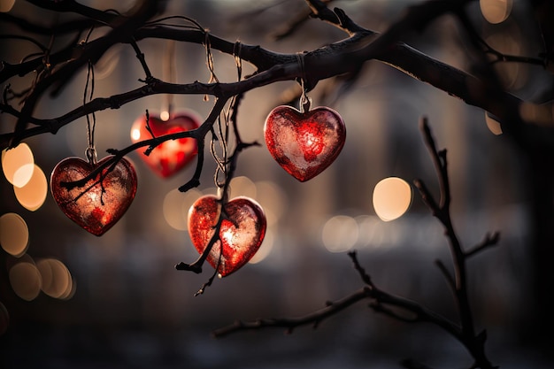 Belles et délicates décorations de Noël en forme de coeur sur une branche d'arbre arrière-plan flou AI générative