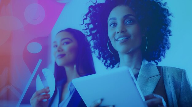 De belles femmes d'affaires de différentes cultures tenant une tablette pour le concept de marketing numérique