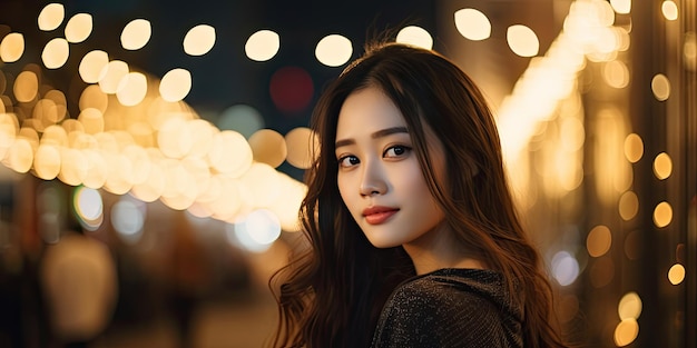 Belles femmes asiatiques dans la ville la nuit avec bokeh