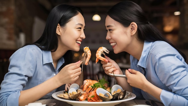 De belles femmes asiatiques heureuses, des lesbiennes, des couples LGBT assis de chaque côté, mangeant une assiette de fruits de mer italiens.